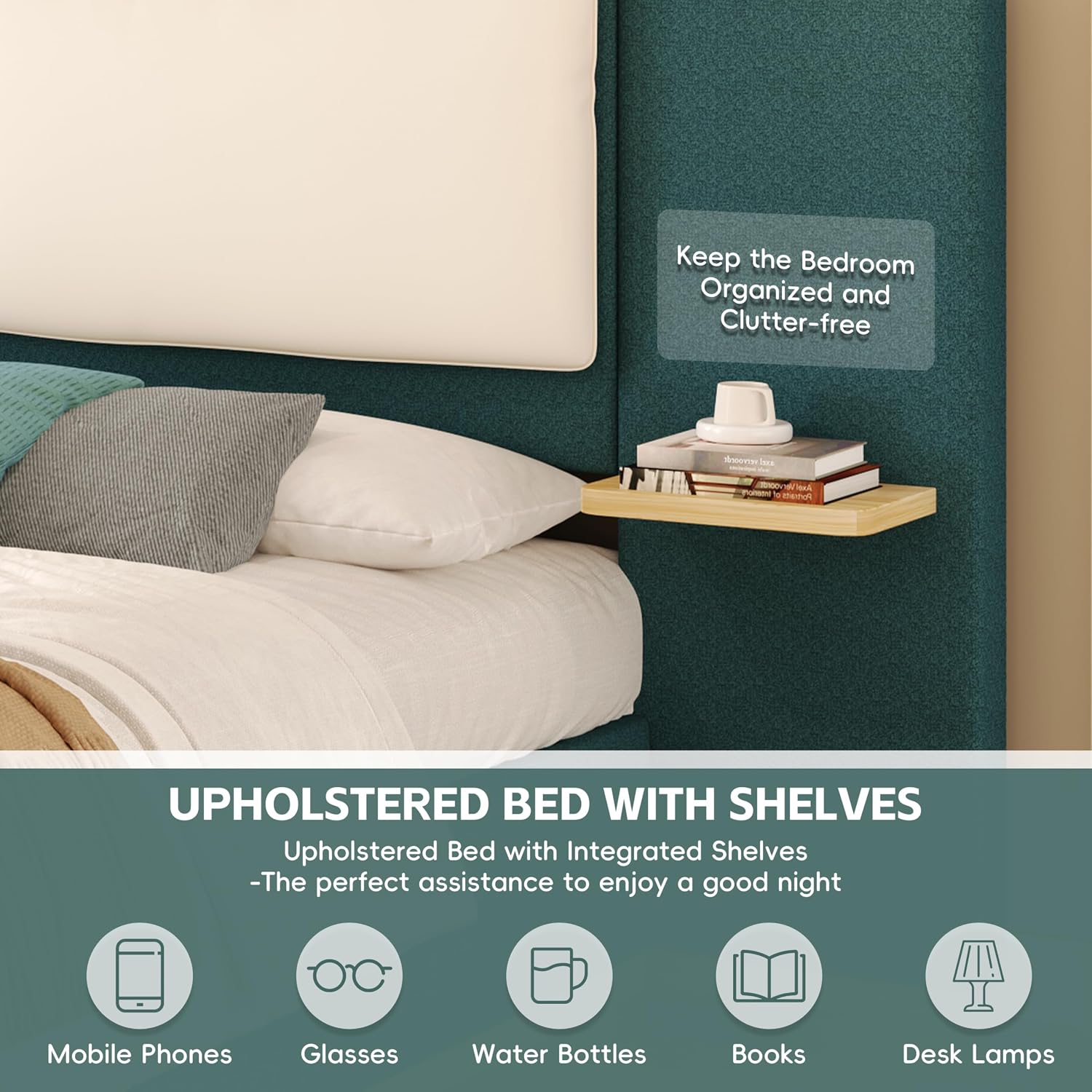 Merax King Size Upholstered Platform Bed Frame with Large PU Leather Headboard and Bothside Shelves, Modern Bedroom Furniture & Solid Wood Slats Support, No Box Spring Needed, Easy Assembly, Green