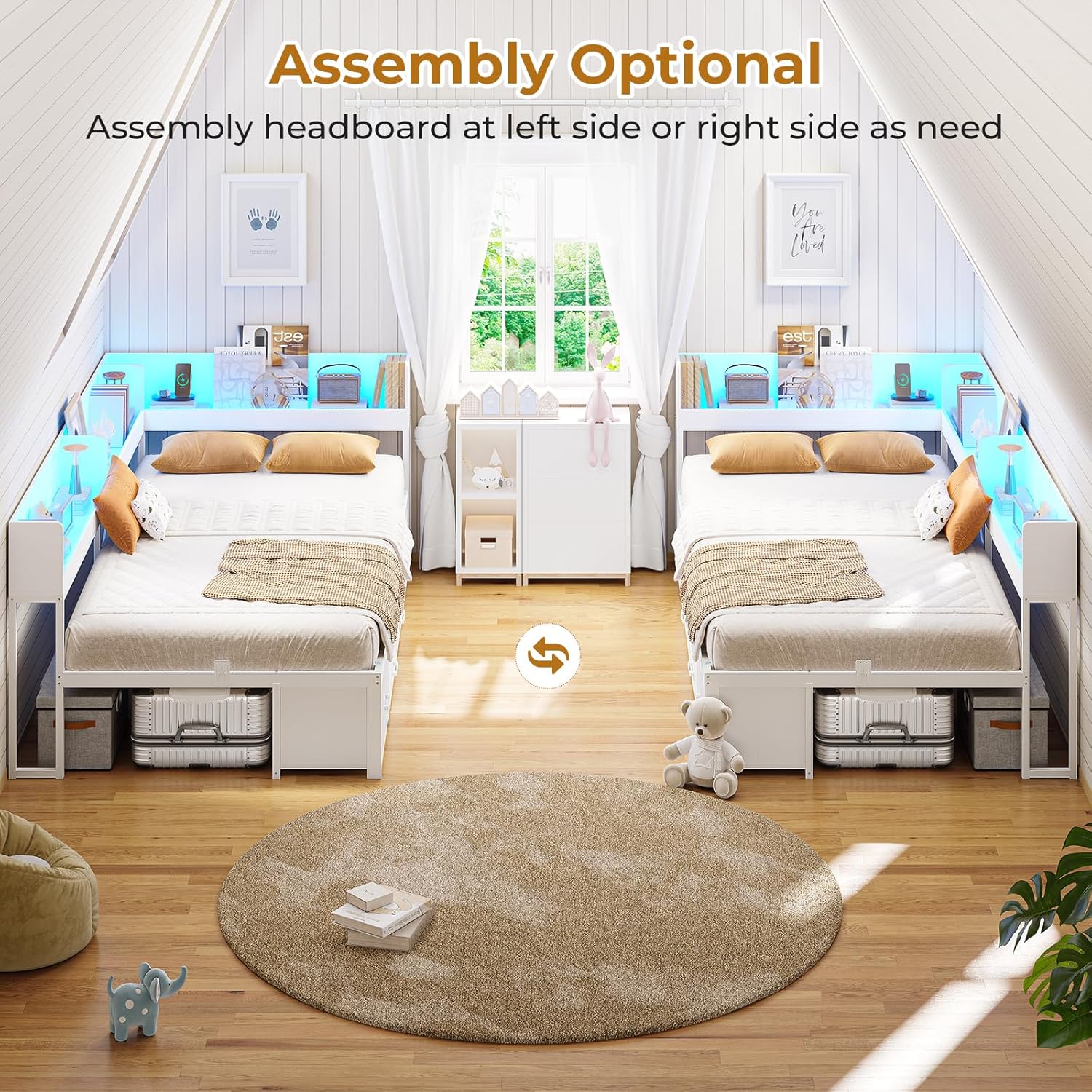 MSmask 14 Inch Corner Bed Frame with Bookcase Storage, Twin XL Daybed with 6 Drawers, Charging Station and LED Light, Twin XL Size Metal Platform Bed Frame for Kids Teenagers, White