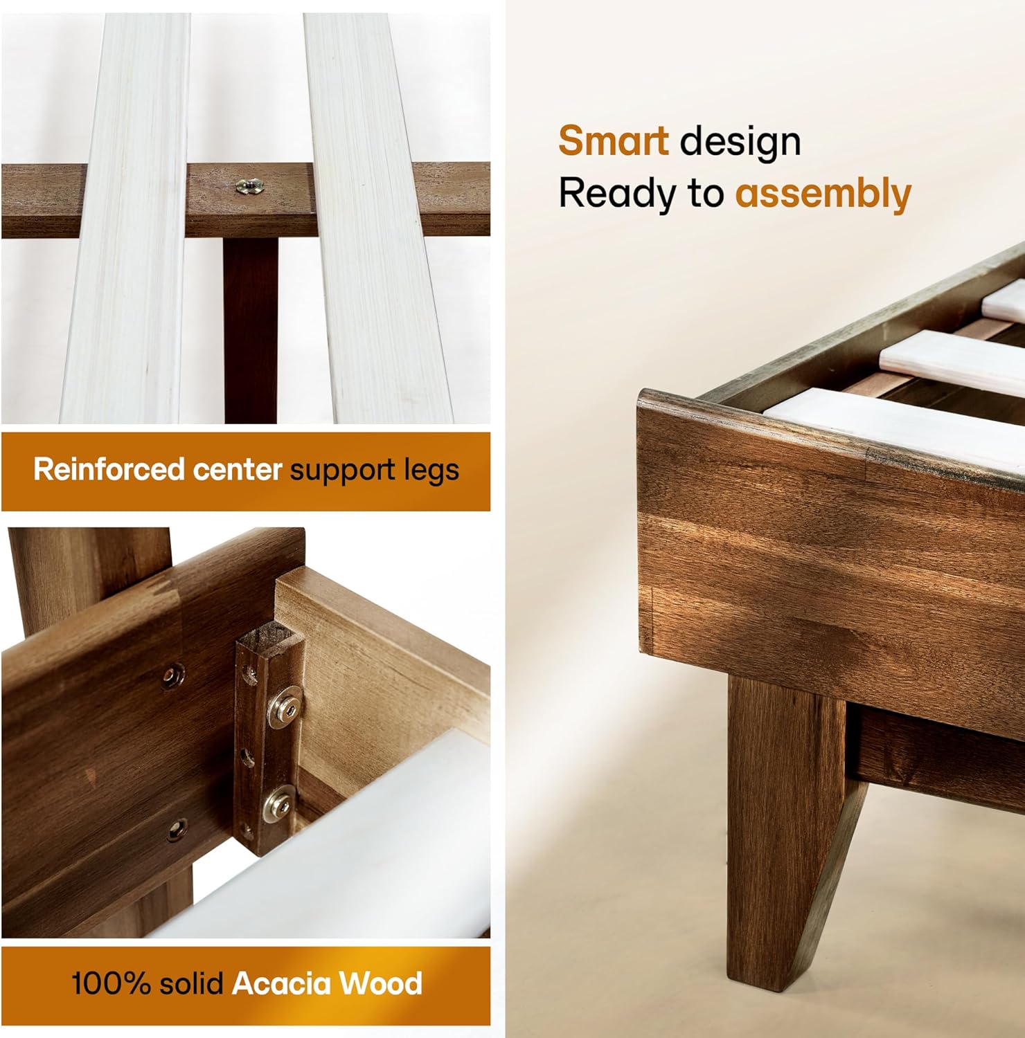 Acacia Aurora Wooden Bed with Headboard, Queen Size Bed Frame, 800lbs Capacity Wood Bed Compatible with All Mattress Types, Non-Slip & Noise-Free, Wood Slats Support, Easy Assembly, Chocolate.