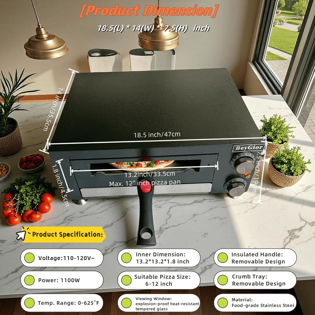 Electric Pizza Oven Indoor,12 inch Countertop Pizza Maker with Viewing Window,Stainless Steel Commercial Pizza Oven, Removable Handle,Dual Baking Trays and Oven Mitts