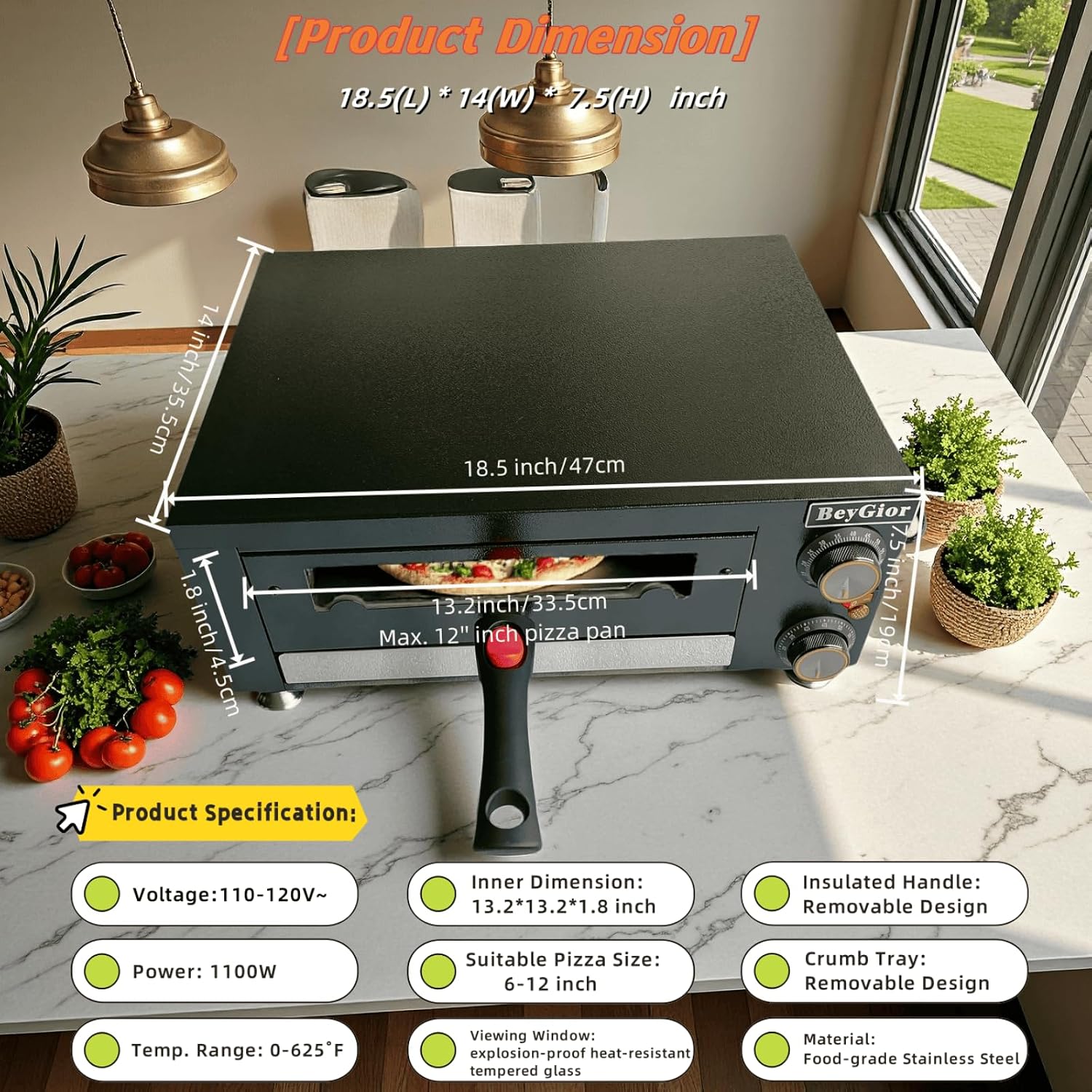 Electric Pizza Oven Indoor,12 inch Countertop Pizza Maker with Viewing Window,Stainless Steel Commercial Pizza Oven, Removable Handle,Dual Baking Trays and Oven Mitts