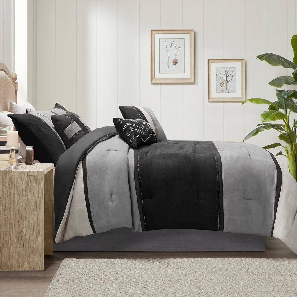 Madison Park Palisades Comforter Set Modern Faux Suede Pieced Stripe Design, All Season Down Alternative Cozy Bedding with Matching Shams, Decorative Pillows, King(104'x92'), Black 7 Piece