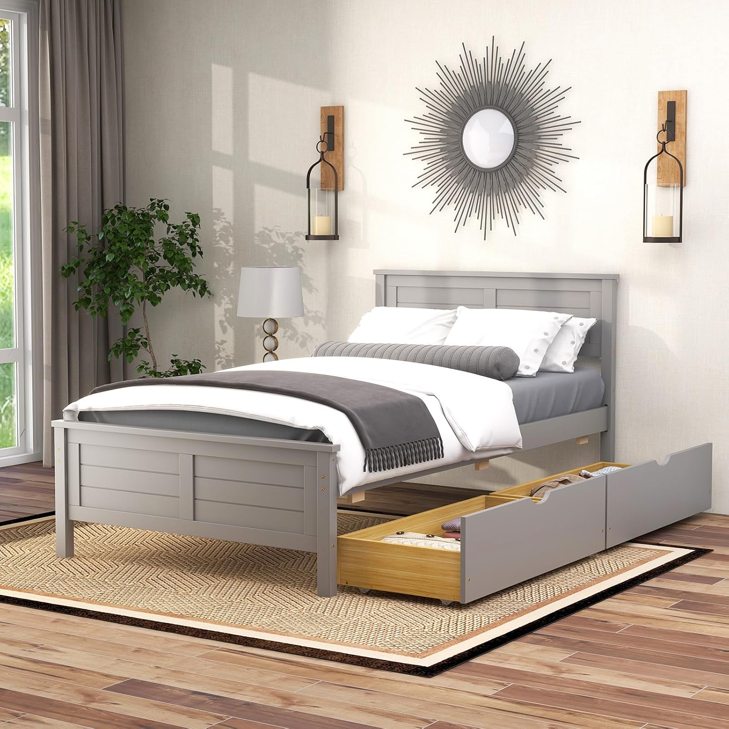 GOFLAME Twin Size Bed Frame with 2 Drawers, Platform Bed with Solid Wood Headboard & Footboard, Wood Slats Support Mattress Foundation, Under Bed Storage, No Box Spring Needed, Easy Assembly, Grey