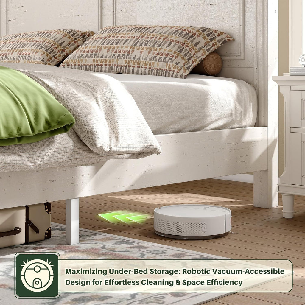 Homkdom Queen Bed Frame with Tall Headboard, Bed Frame Queen Size with 2 StorageDrawers, Farmhouse, Wooden, No Noise, No Box Spring Needed, White