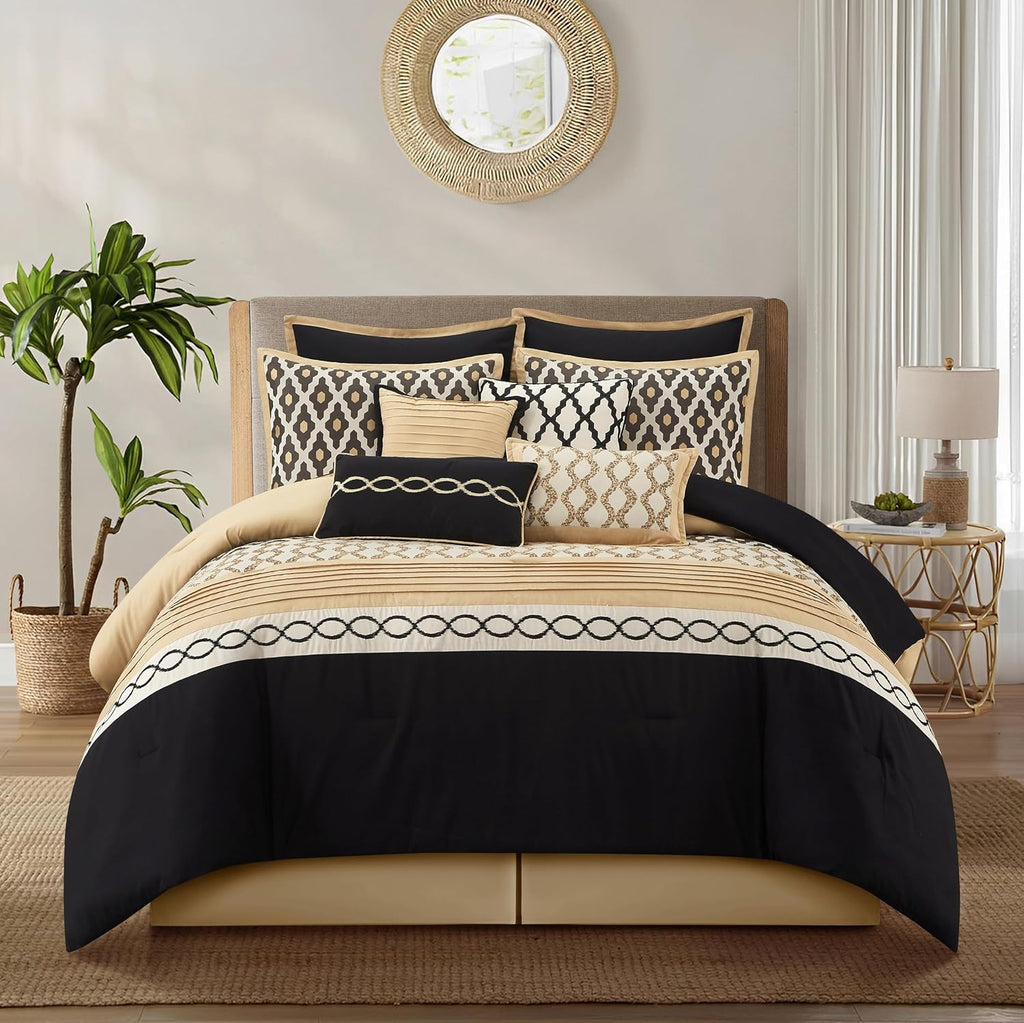 Stratford Park Geometirc King Black Gold Comforter Set, 10 Piece, Jacquard Bedding Comforters & Sets, Bedskirt, Pillows & Shams,