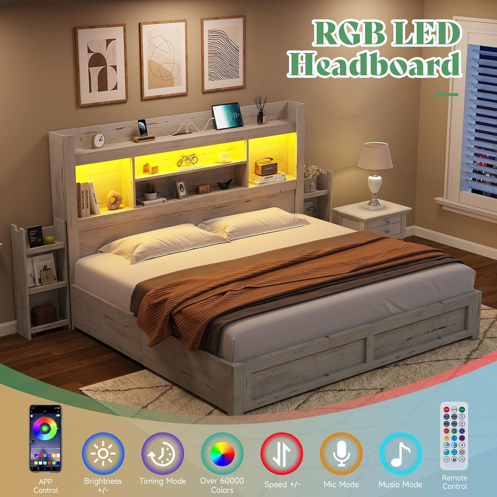AMERLIFE King Bed Frame with 4 Storage Drawers, LED Bed Frame with 49.6' Tall Bookcase Headboard, Wood Platform Bed with 2 Slide Bedside Shelf & Charging Station, No Box Spring Needed/Distressed White