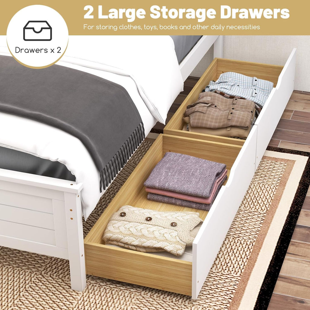 GOFLAME Twin Size Bed Frame with 2 Drawers, Platform Bed with Solid Wood Headboard & Footboard, Wood Slats Support Mattress Foundation, Under Bed Storage, No Box Spring Needed, Easy Assembly, White
