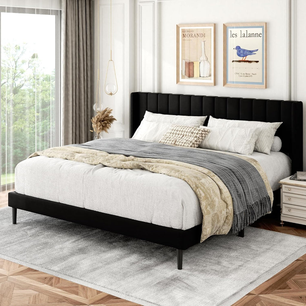 Gruwans King Size Bed Frame with Wingback Headboard, Upholstered Platform Bed, No Box Spring Needed, Sturdy Wooden Slat Support, Easy Assembly, Black