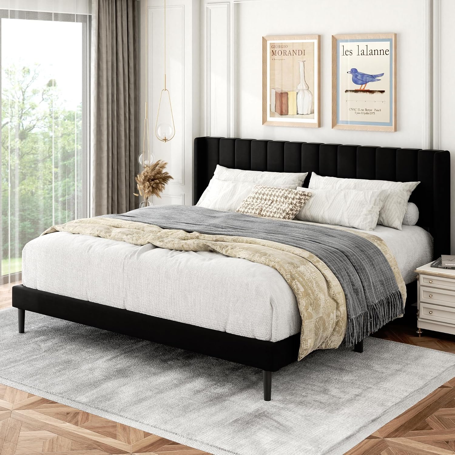 Gruwans King Size Bed Frame with Wingback Headboard, Upholstered Platform Bed, No Box Spring Needed, Sturdy Wooden Slat Support, Easy Assembly, Black