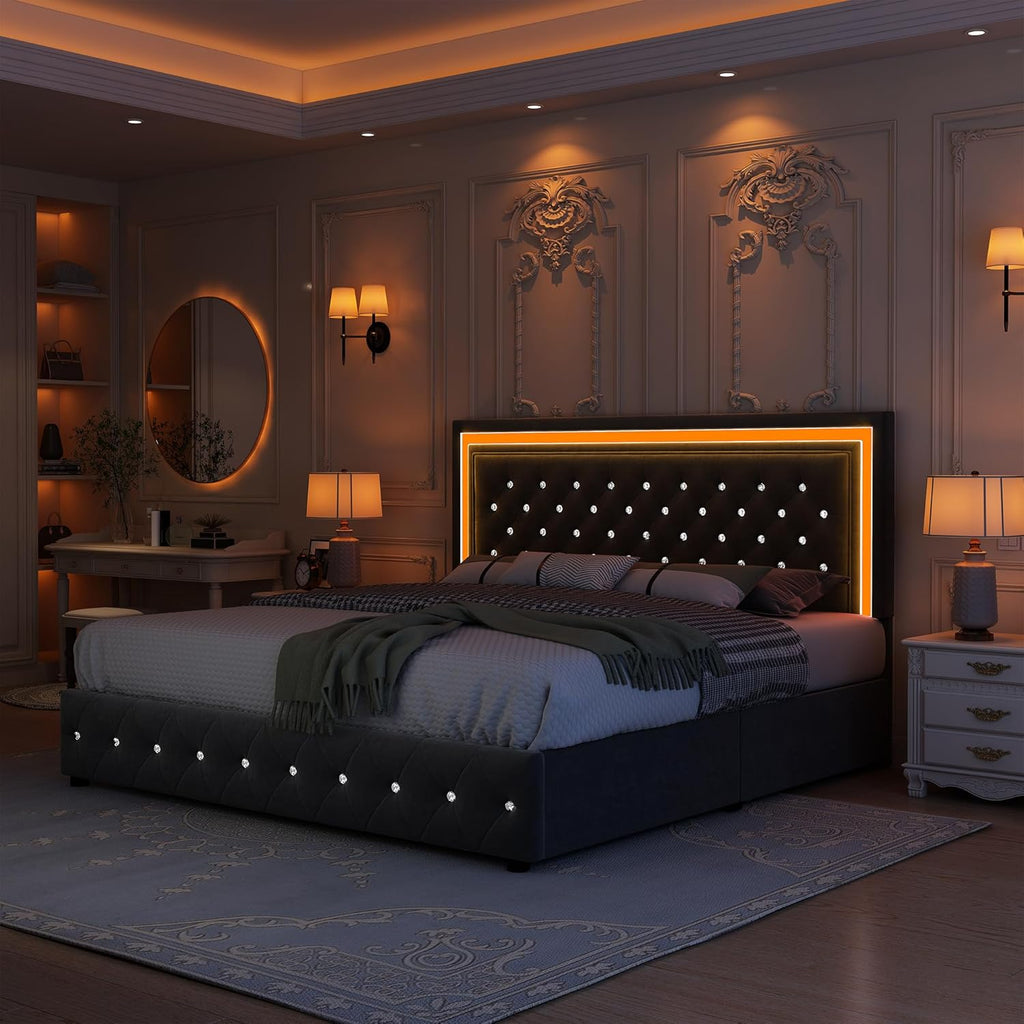 GEGOFORU Full Bed Frame with LED Lights, Storage Drawers, No Box Spring Needed, 900 lbs Capacity, Easy Assembly, Velvet Grey