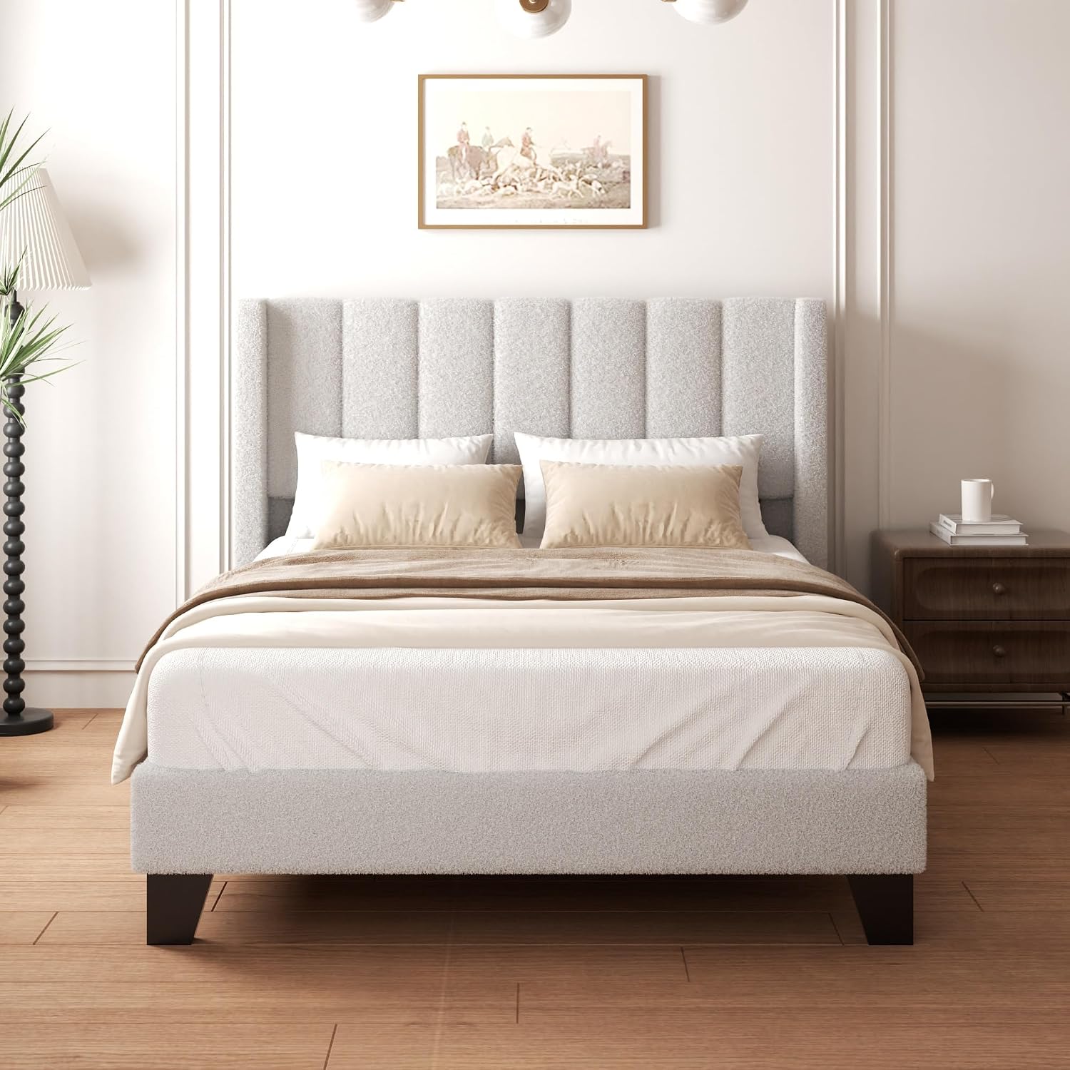 Full Bed Frame with Headboard Upholstered Platform Bed Frame with Teddy Velvet Headboard, Wooden Slats Support/Wing Edge Design/No Box Spring Needed/Easy Assembly, Grey Full