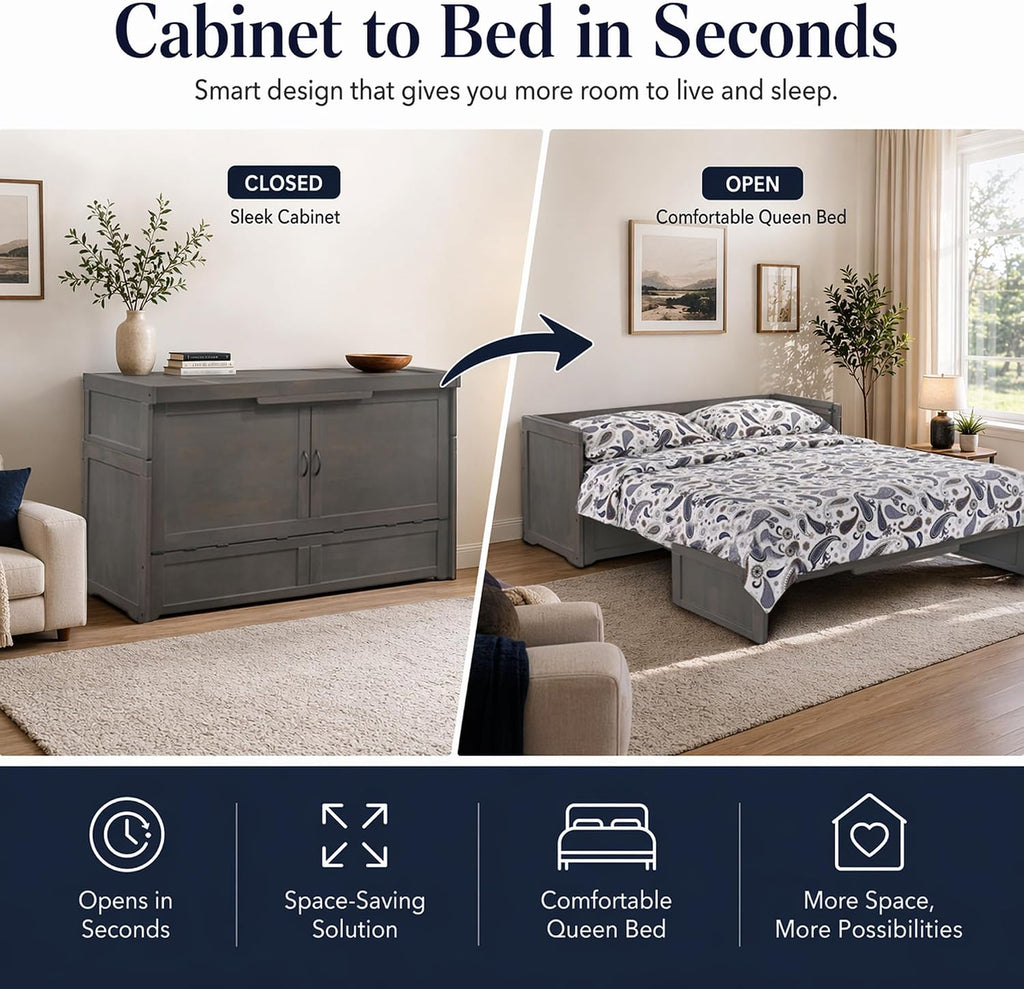 NIGHT & DAY Furniture Murphy Cube Cabinet Bed (Stonewash, Queen)