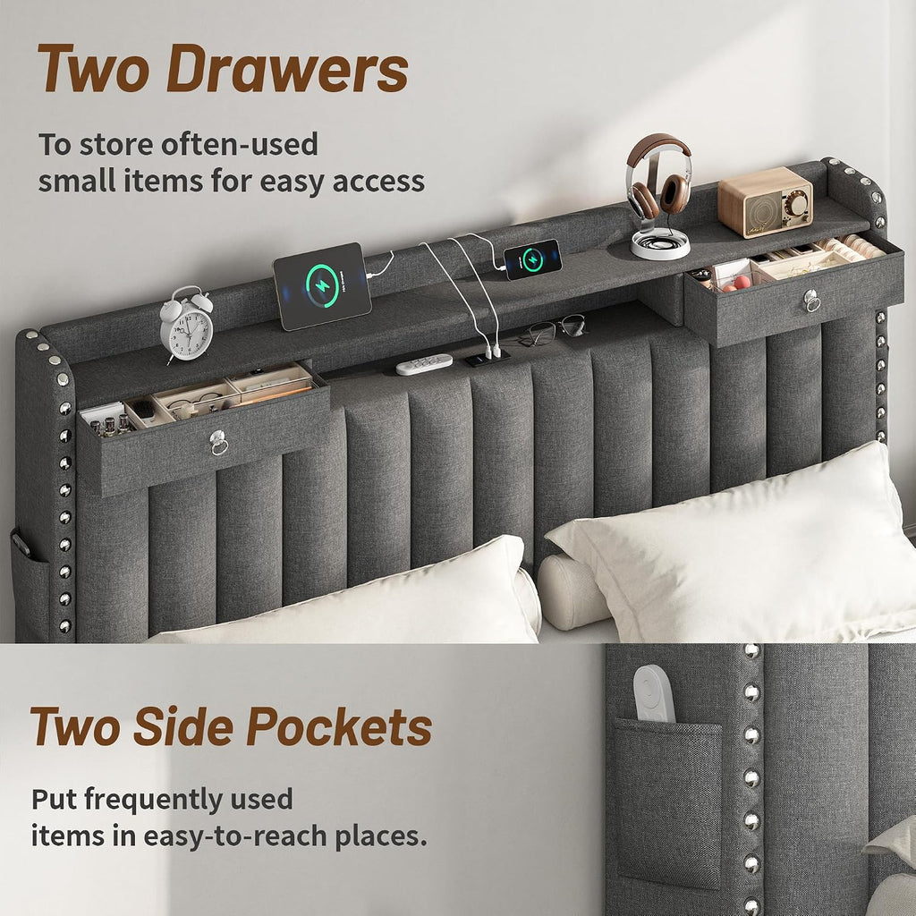 CypBed King Size Bed Frame with 4 Storage Drawers, Upholstered Platform King Bed Frame and Headboard, 3 USB & Type-C Charging Ports, Solid Wood Slats, No Box Spring Needed, No-Noise, Dark Grey,Gifts