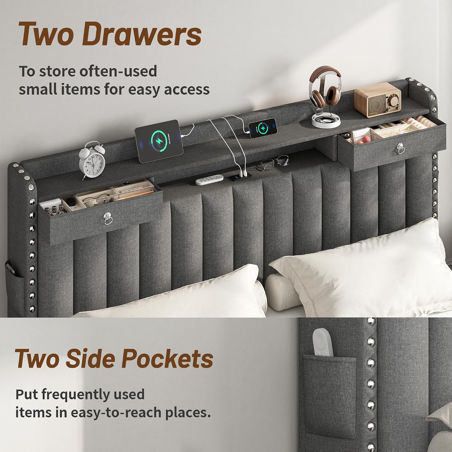 CypBed King Size Bed Frame with 4 Storage Drawers, Upholstered Platform King Bed Frame and Headboard, 3 USB & Type-C Charging Ports, Solid Wood Slats, No Box Spring Needed, No-Noise, Dark Grey,Gifts
