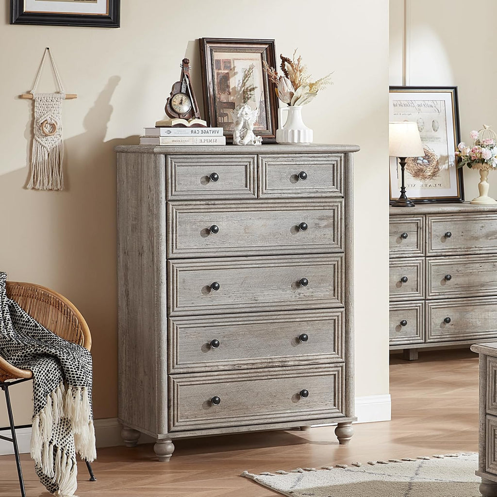 RWYHG Farmhouse Dresser and Nightstand Sets 4 Piece, Wooden 7 Drawers Dresser & 43.5' Tall Chest of Drawers, 18' Roman Column Nightstand Set of 2, Furniture Dressers for Bedroom, Living Room