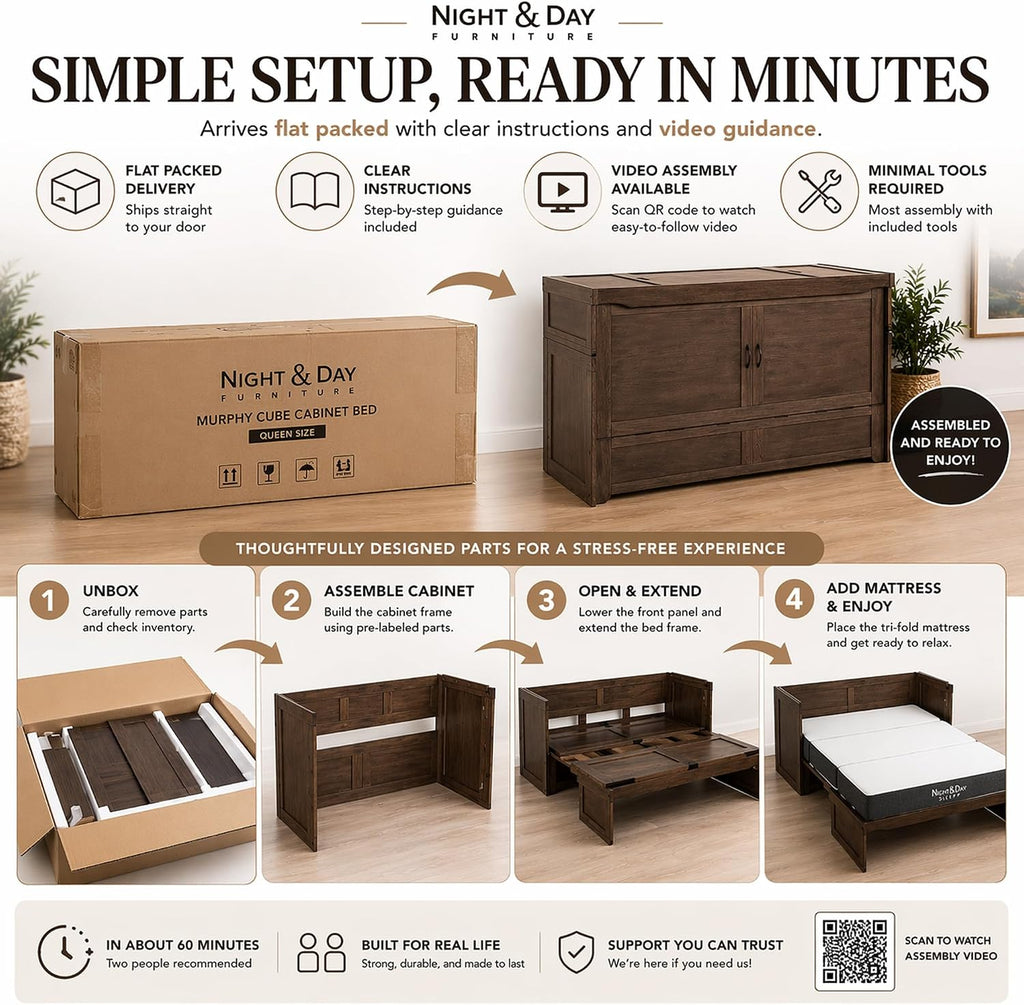NIGHT & DAY Furniture Murphy Cube Cabinet Bed Queen – Solid Hardwood Fold-Out Space-Saving Portable Cabinet Bed with 6' Gel Memory Foam Mattress – Normandy Brown Finish