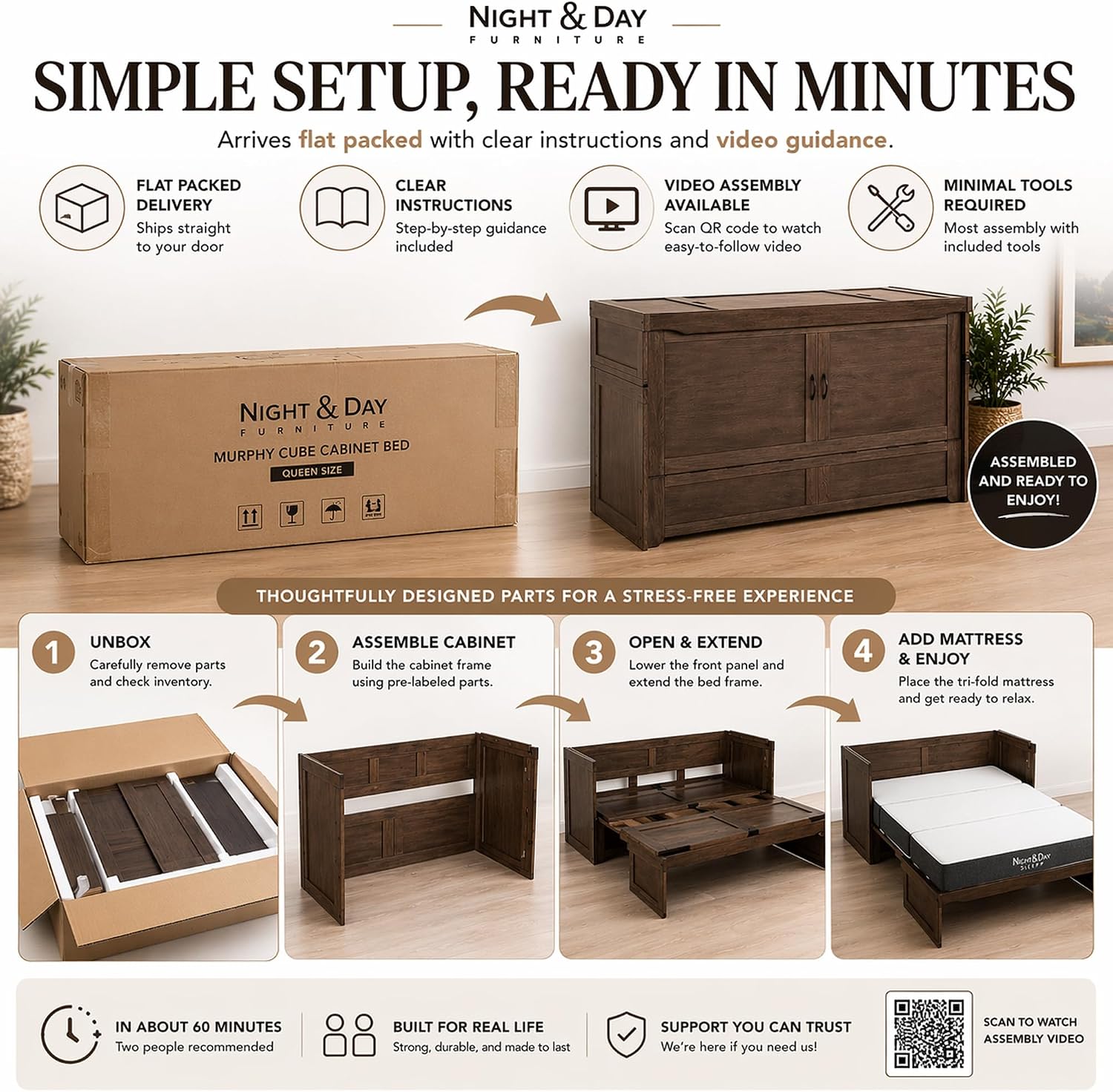 NIGHT & DAY Furniture Murphy Cube Cabinet Bed Queen – Solid Hardwood Fold-Out Space-Saving Portable Cabinet Bed with 6' Gel Memory Foam Mattress – Normandy Brown Finish