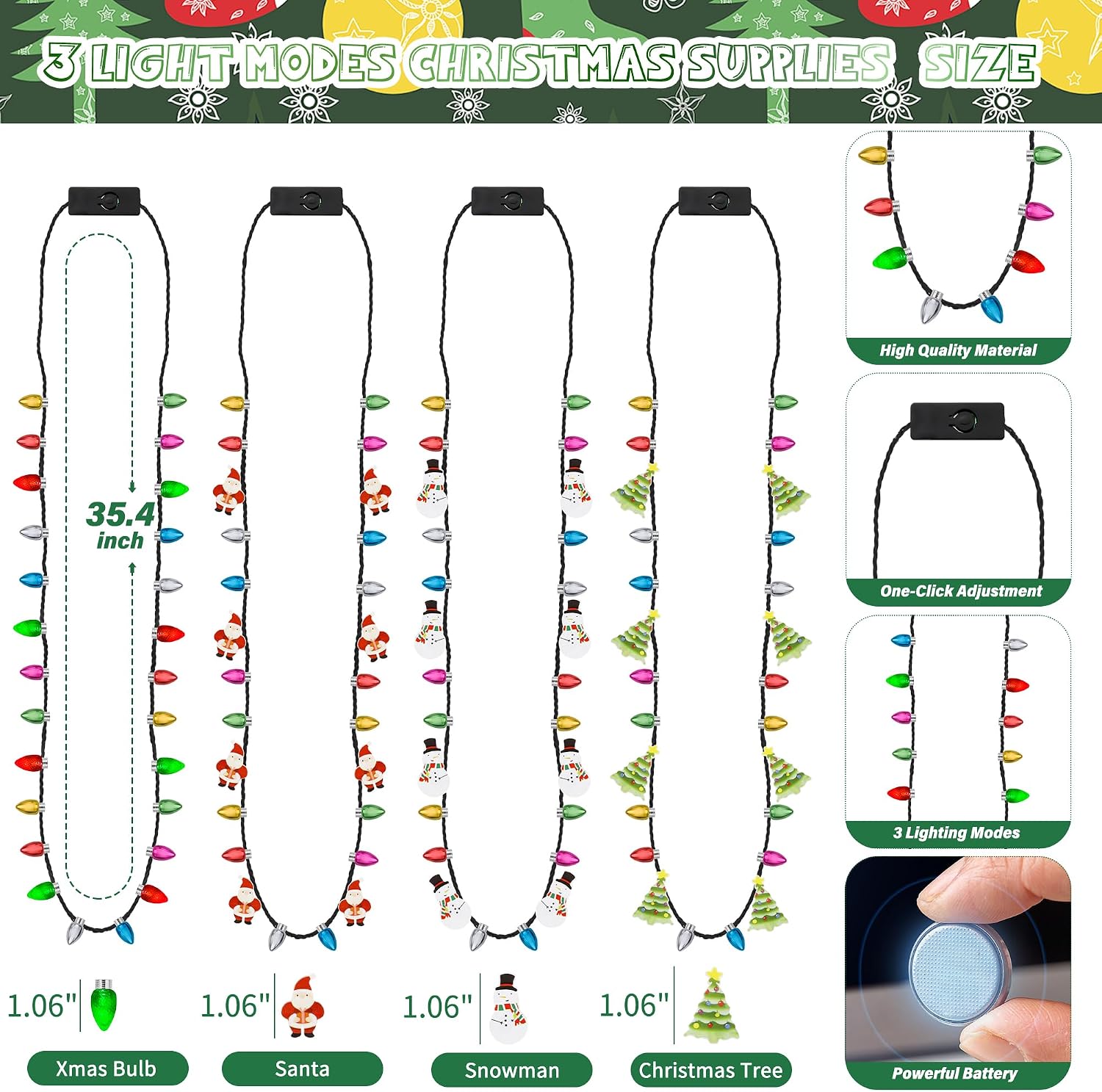 EOBOH 100pcs Christmas Necklaces Bulk, Light up 4 Kinds Christmas Necklace Accessories, Colorful 3 Modes Xmas Bulb Necklaces Party Favors, Xmas Ugly Sweater New Year Family Party Supplies Decorations