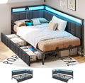 DICTAC Twin Corner Bed Frame with 2 Storage Drawers and Charging Station Twin Bed Frames with Storage and Led Lights Twin Size Daybed for Kids Teen with Upholstered Guardrail,No Box Spring Needed,Gray