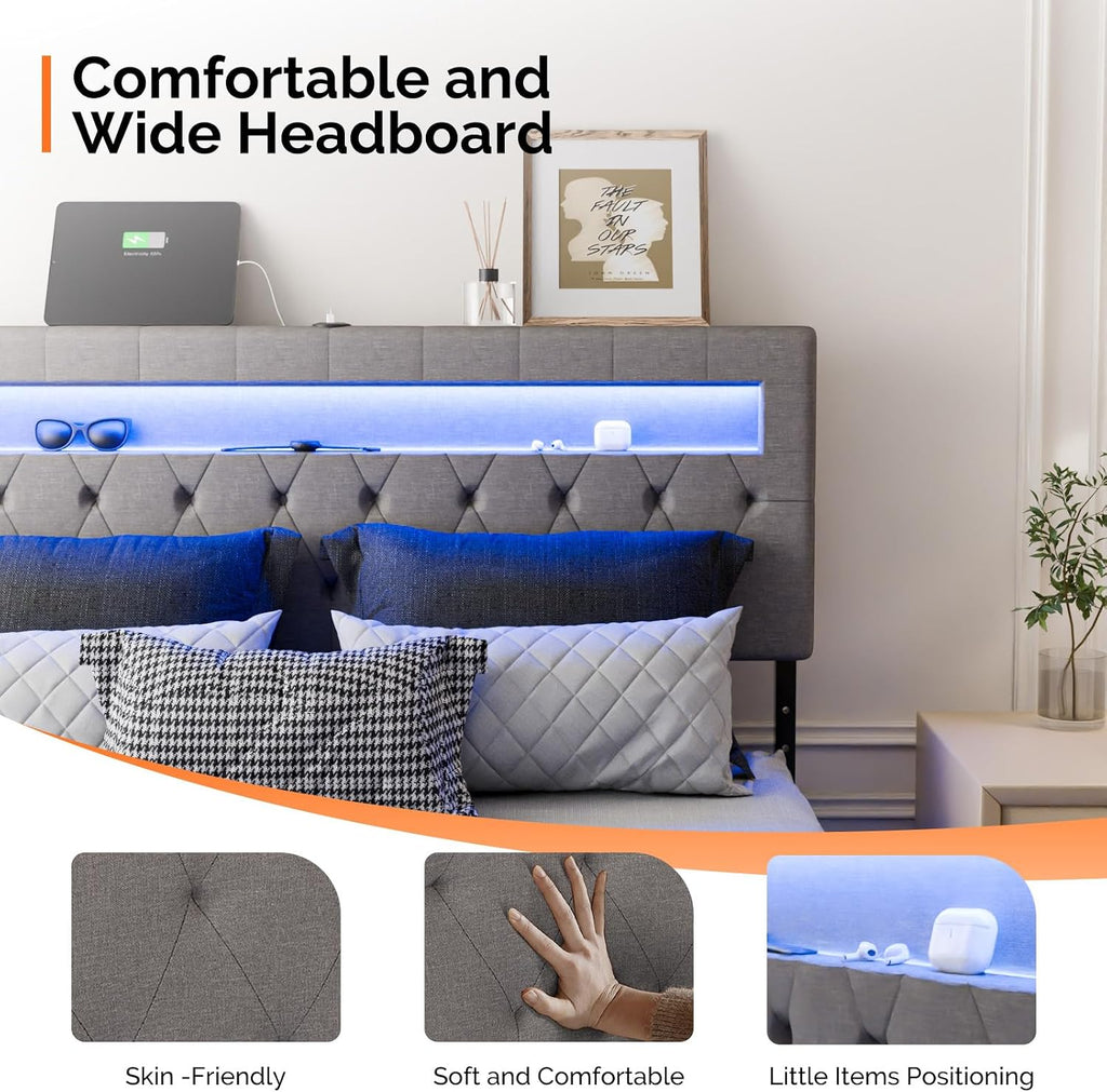 VINGLI Full Size Floating Bed Frame with Charging Station,Modern Metal Full Bed with led Lights,Easy Assembly,No Box Spring Needed,Adjustable Headboard,Upholstered Bed Frame for Adults, Kids