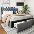 Doltoro Queen Bed Frame with Headboard and 2 Storage Drawers, Upholstered Wingback Platform Bed Frame Queen Size with Charging Station & LED, Noise Free, No Box Spring Needed, Easy Assembly, Grey