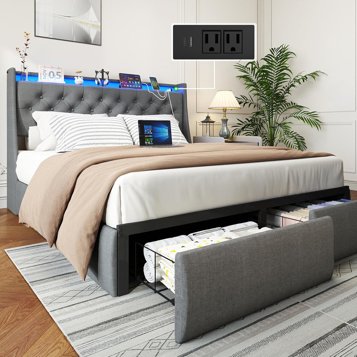 Doltoro Queen Bed Frame with Headboard and 2 Storage Drawers, Upholstered Wingback Platform Bed Frame Queen Size with Charging Station & LED, Noise Free, No Box Spring Needed, Easy Assembly, Grey