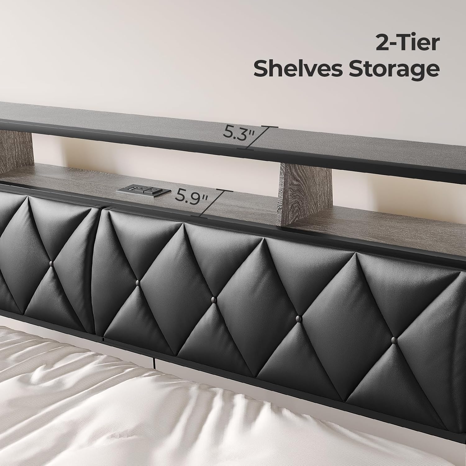 Queen Headboard Only, Headboard for Queen Size Bed with Storage, Upholstered Headboards with LED Lights & Charging Station, Attach Frame, Ideal for Bedroom/Dorm/Guest Room, Black, Faux Leather