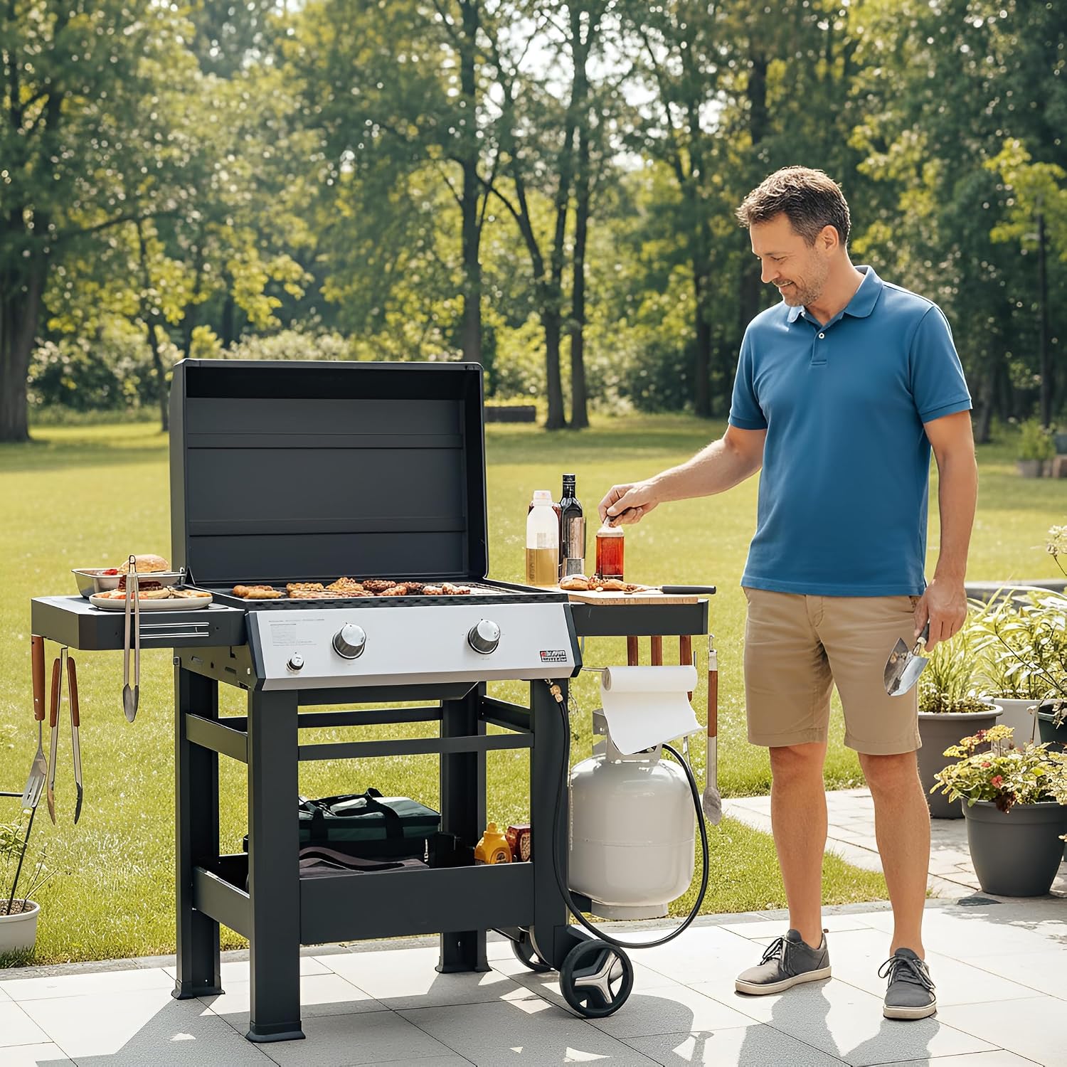 ONLYFIRE GRILLS Heavy Duty Propane Gas Griddle with Grill Cover, Premium 2-Burner Flat Top Gas Griddle with 518 sq.in Cooking Area, Foldable Side Tables, for Outdoor Patio Backyard BBQ Party, GS351