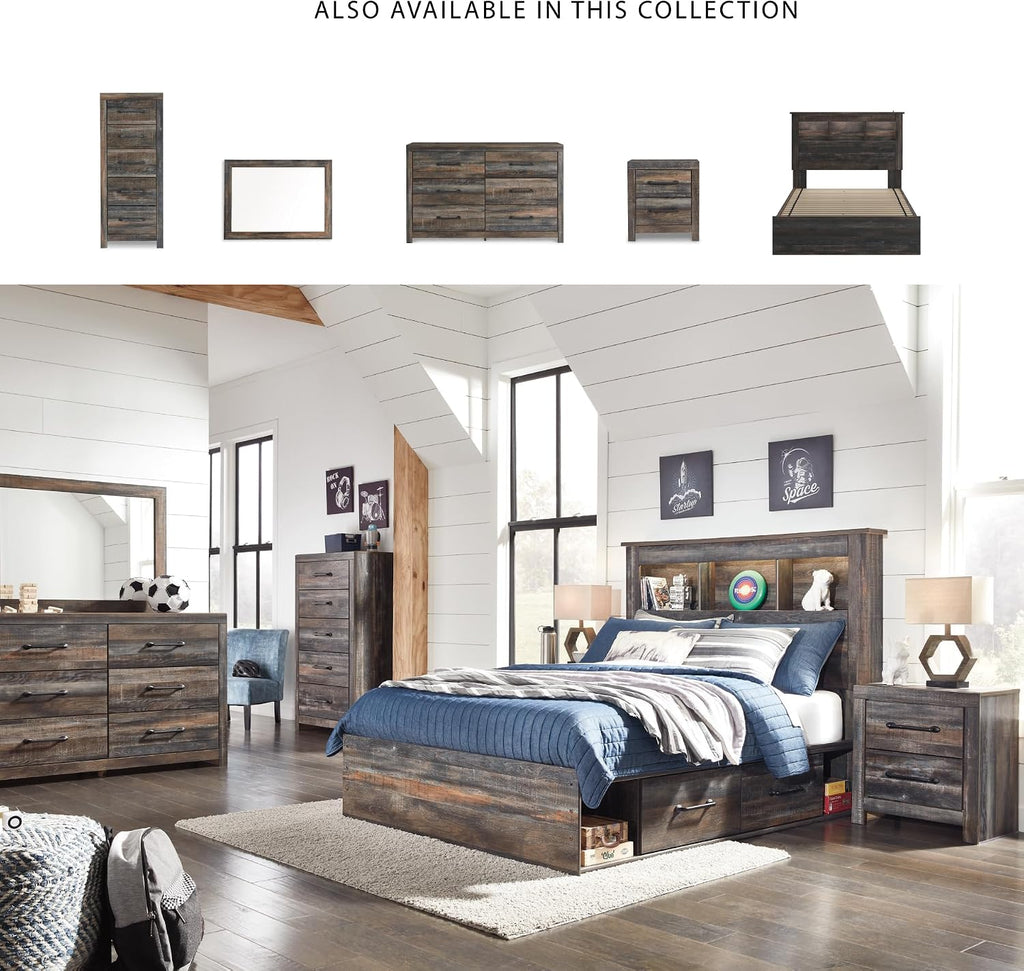 Signature Design by Ashley Drystan Rustic Full Bookcase Bed with 2 Storage Drawers, Open Cubbies and LED Light, Foundation or Box Spring Not Needed, Dark Brown & Gray