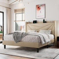 Einhomn Queen Size Upholstered Bed Frame with Charging Station, Platform Bed Frame with Storage Headboard, Solid Wood Slats Support, No Box Spring Needed, Beige