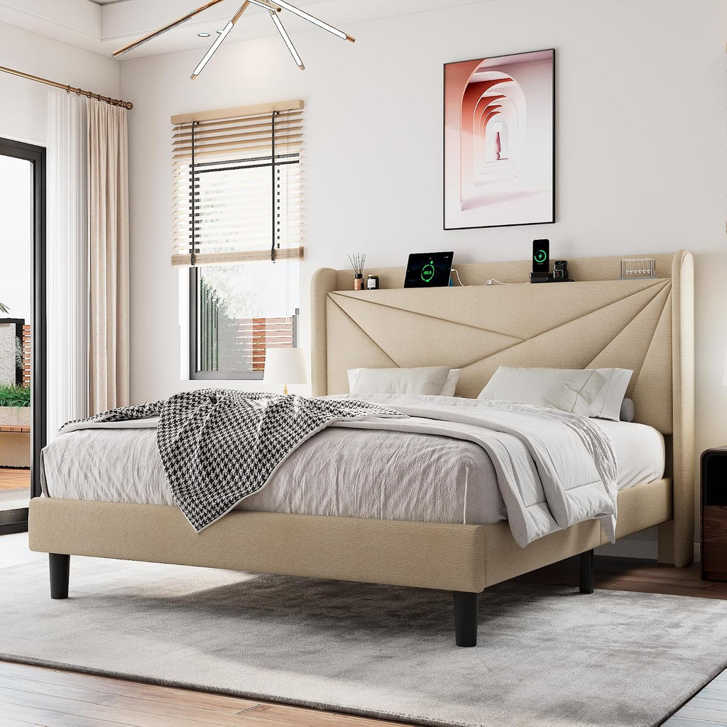 Einhomn Full Size Upholstered Bed Frame with Charging Station, Platform Bed Frame with Storage Headboard, Solid Wood Slats Support, No Box Spring Needed, Beige