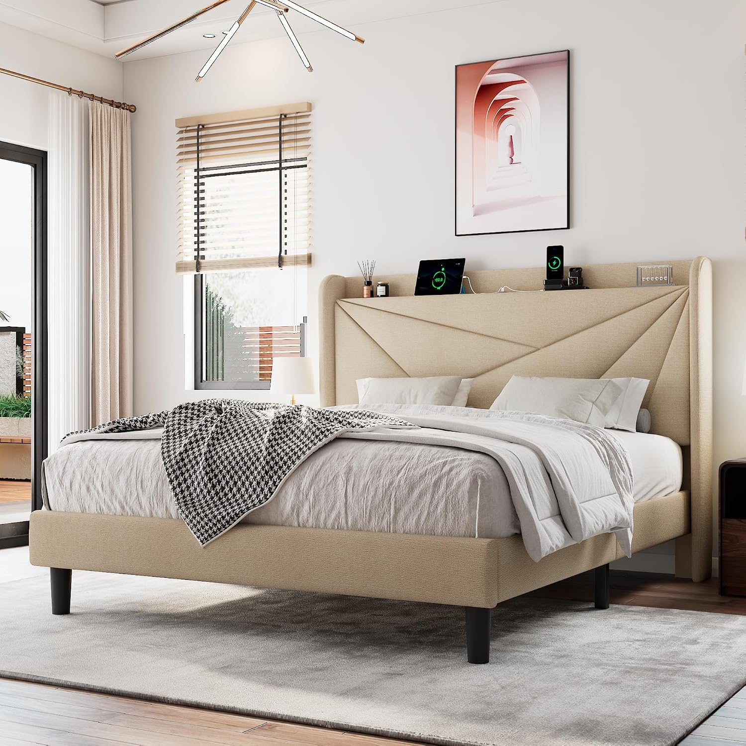 Einhomn Full Size Upholstered Bed Frame with Charging Station, Platform Bed Frame with Storage Headboard, Solid Wood Slats Support, No Box Spring Needed, Beige