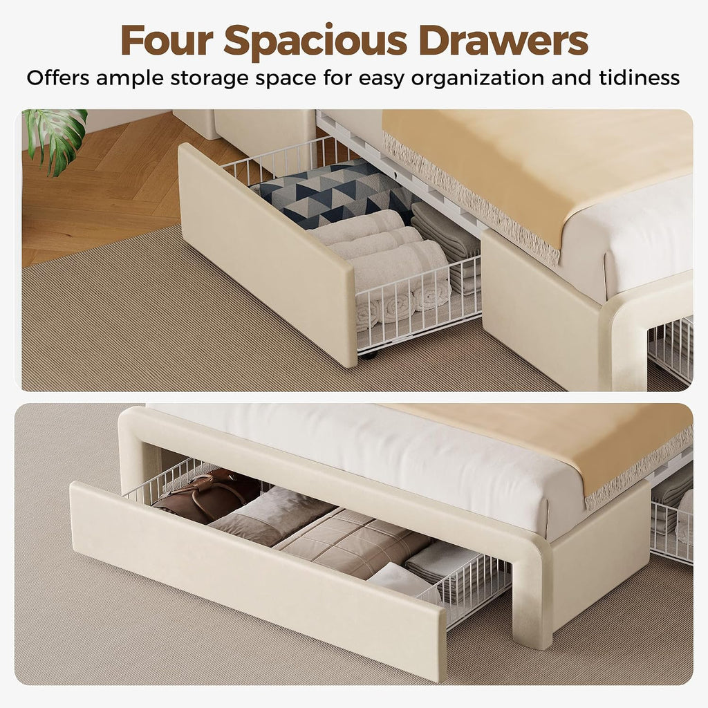 Seventable Full Bed Frame with Storage Drawers & Charging Station, Upholstered Platform Bed with LED Light and Storage Headboard, No Box Spring Needed, Noise Free, Easy Assembly, Biege