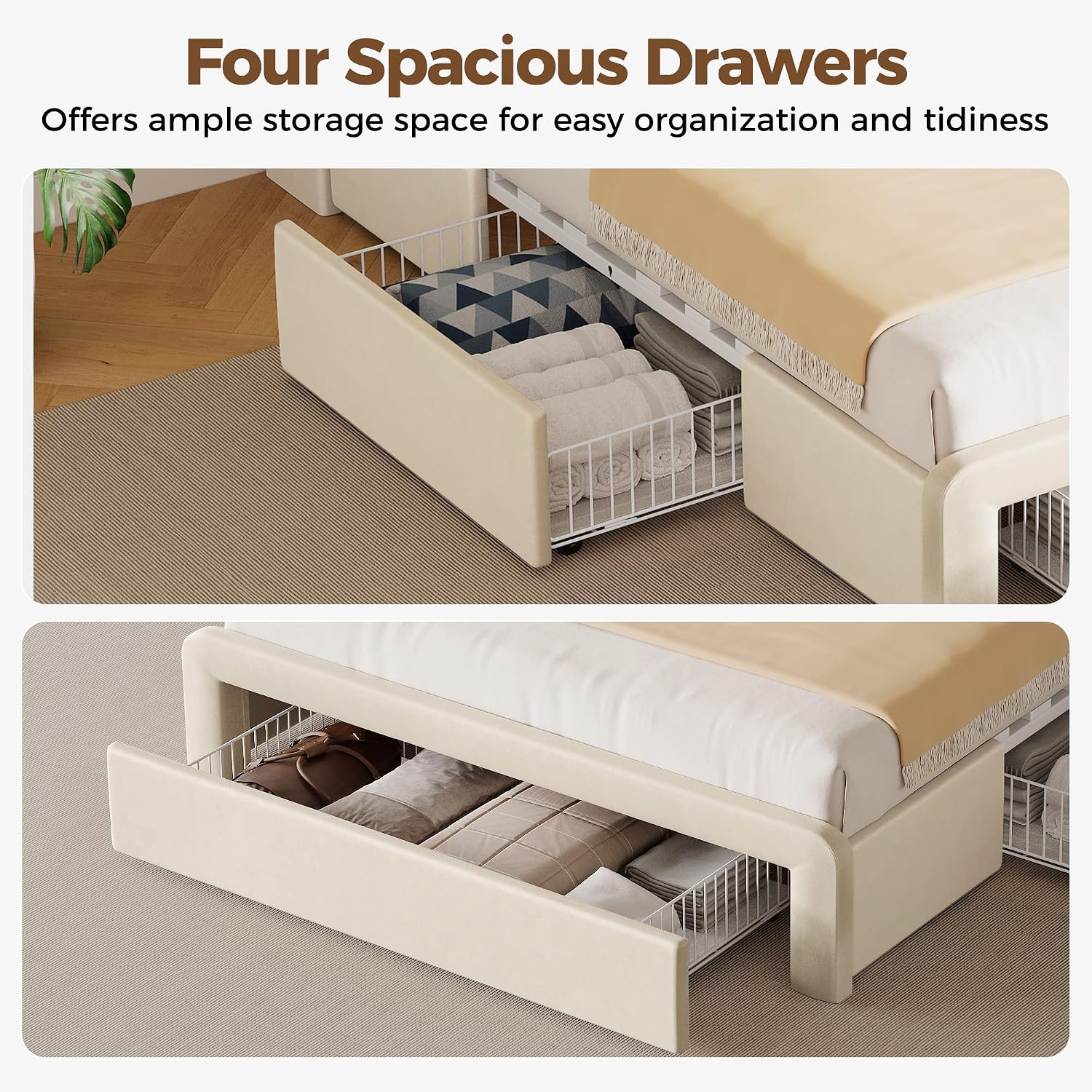 Seventable Full Bed Frame with Storage Drawers & Charging Station, Upholstered Platform Bed with LED Light and Storage Headboard, No Box Spring Needed, Noise Free, Easy Assembly, Biege