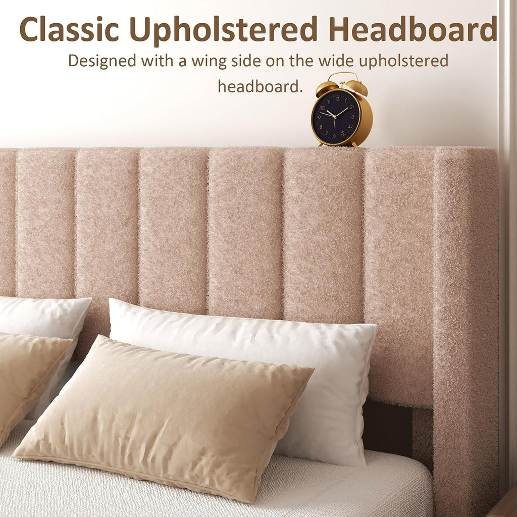 King Bed Frame with Headboard Upholstered Platform Bed Frame with Teddy Velvet Headboard, Wooden Slats Support/Wing Edge Design/No Box Spring Needed/Easy Assembly, Camle