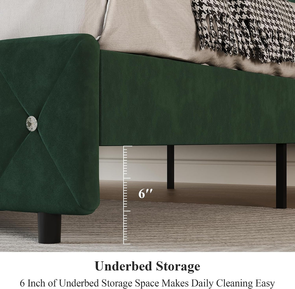 Lullabyre Full Size Bed Frame, Upholstered Bed Frame with Diamond Tufted Headboard, Modern Silverside Wingback, No Box Spring Needed, Easy Assembly, Green
