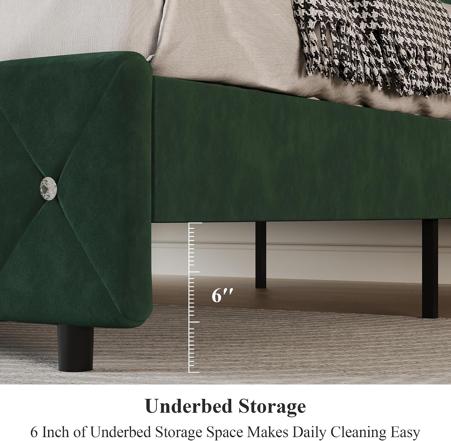 Lullabyre Full Size Bed Frame, Upholstered Bed Frame with Diamond Tufted Headboard, Modern Silverside Wingback, No Box Spring Needed, Easy Assembly, Green