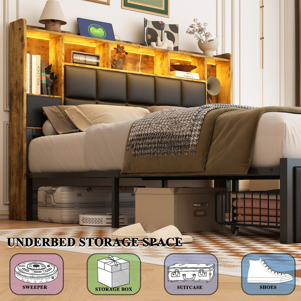 TIGUBFRE LED Bed Frame Full Size with Bookshelf PU Leather Headboard, 2 Hidden Storage Drawers, Upholstered Platform Bed with Charging Station, Metal Slats Support, Noise Free, No Box Spring Needed