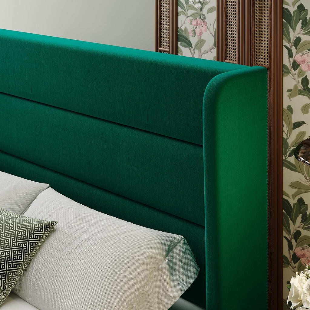 SHA CERLIN King Size Velvet Bed Frame with Wingback Headboard/Upholstered Platform Bed with Wooden Slats/Mattress Foundation/No Box Spring Needed/Easy Assembly/Green