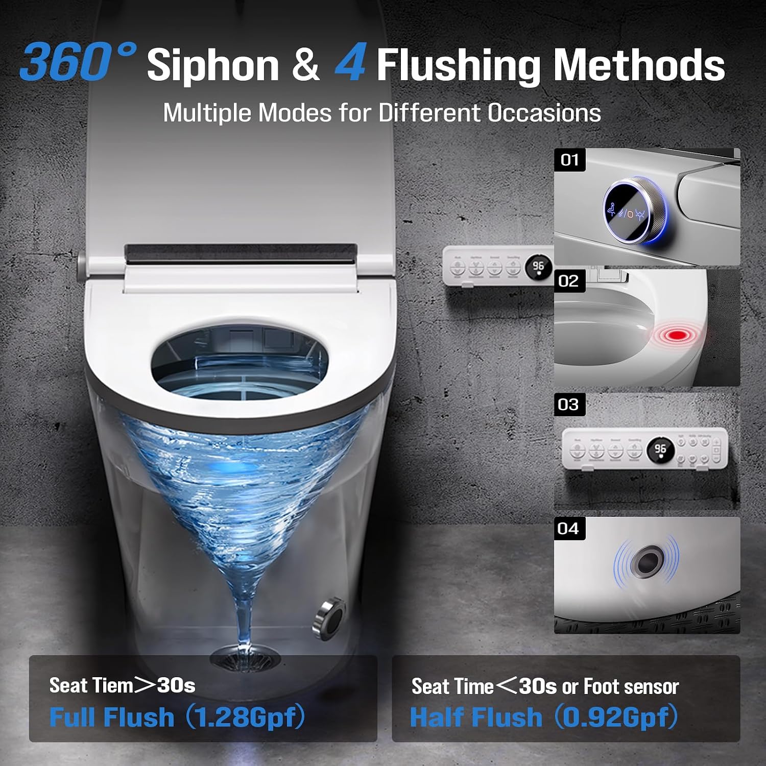 Electric Smart Toilet with Bidet Built-In & Tank, No Water Pressure Limit, Modern Design with Foam Shield, Foot Sensor & Auto Flush, Elongated One Piece, Heated Seat, Warm Air Dryer, 1000g MaP Flush