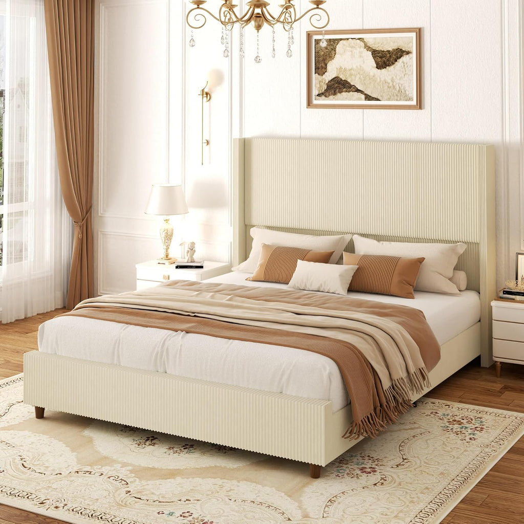 Sismplly 62'' Tall King Size Bed Frame with Corduroy Upholstered Platform Bed, Extra Wingback Headboard and Vertical Stripe, Box Spring Option, Solid Wood Slats, Noise Free, Beige-Yellow