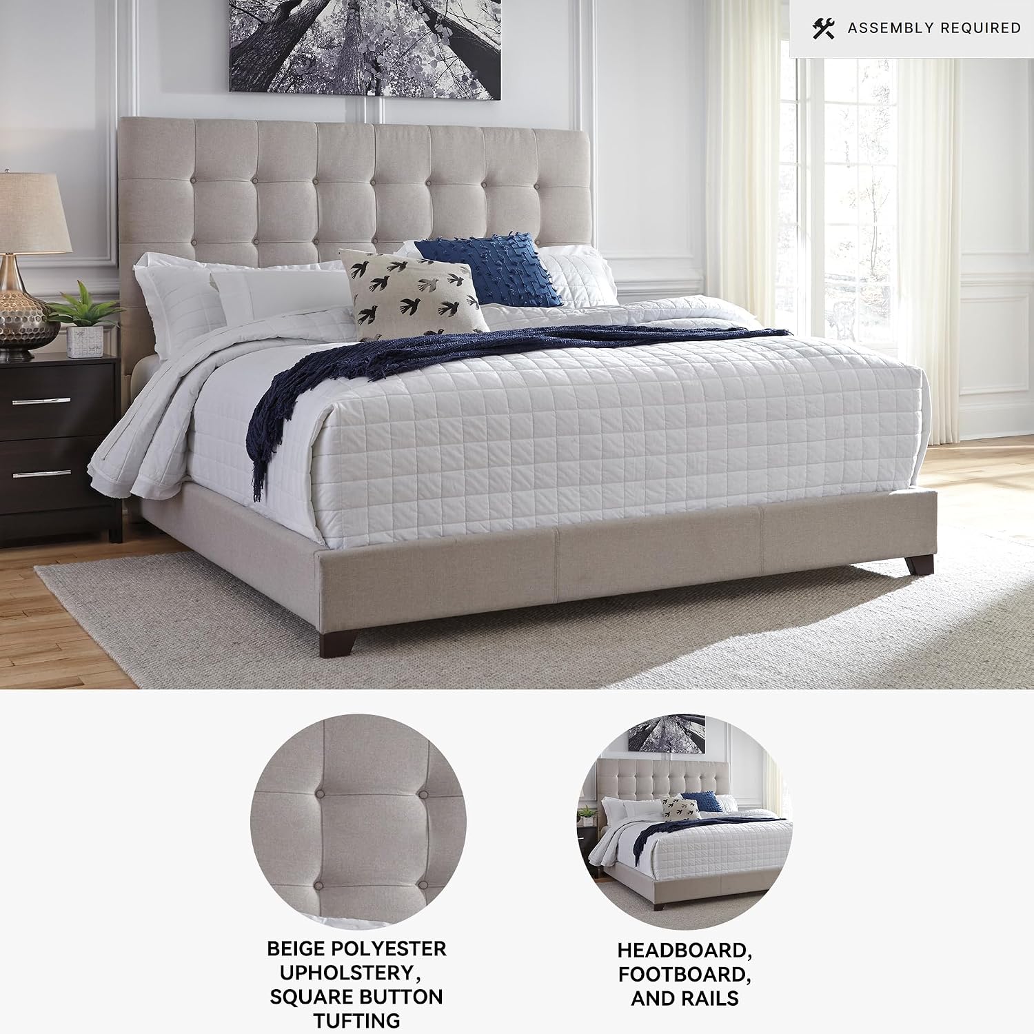 Signature Design by Ashley Dolante Modern Farmhouse Button-Tufted Upholstered Platform Bed, King, Beige