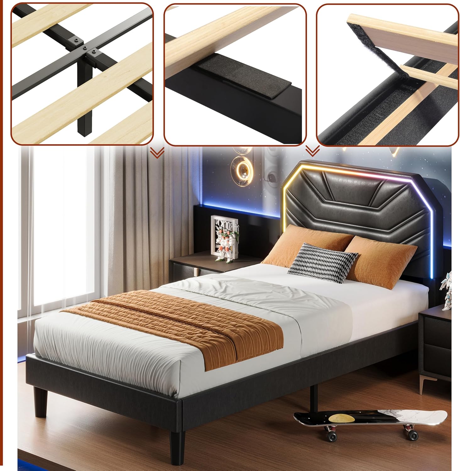 LIKIMIO Twin XL Bed Frames with LED Light Headboard, Upholstered Modern Cama Twin XL Platform Bed Frame with Heavy Duty Supports, No Box Spring Need, Noise Free, Easy Assembly, Black