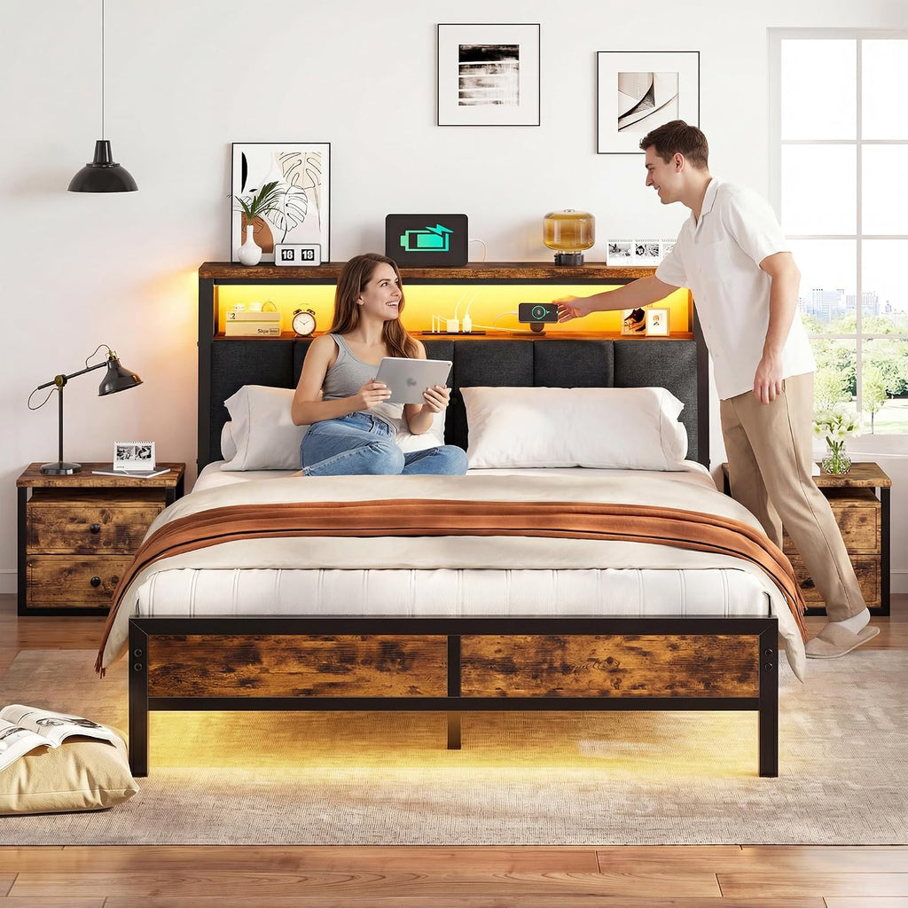 Queen Bed Frame with Charging Station,Bed Frame Queen Size with LED Linghts Have Upholstered Storage Headboard and 12' Under-Bed Storage, Providing Noise-Free and No-Sliding Support,Vintage Brown