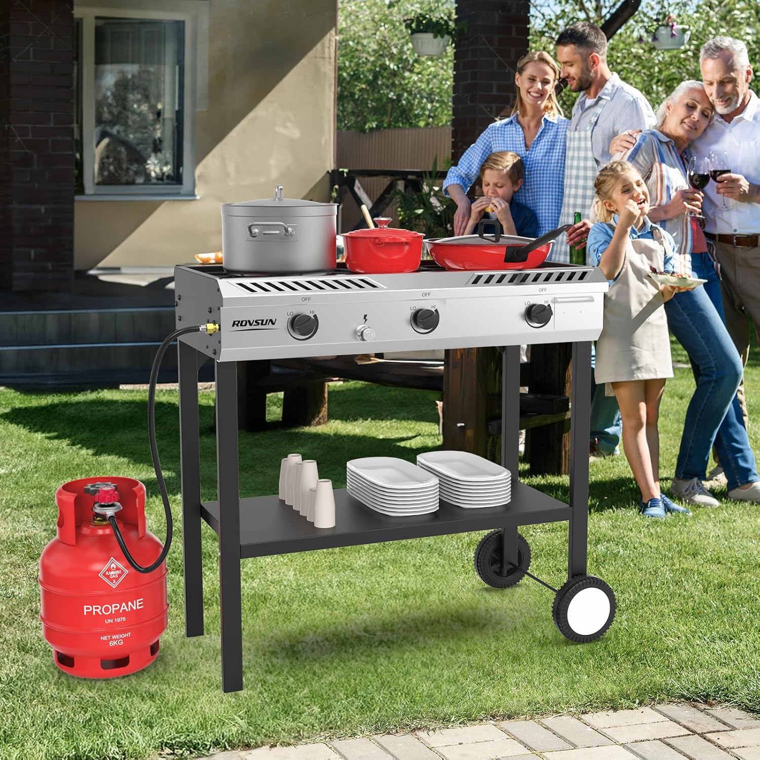 ROVSUN 3 Burner Outdoor Propane Burner with Ignition & Regulator, 225,000 BTU Powerful & Portable Gas Stove Outdoor Stand Cooker for Backyard Patio Cooking Home Camping Brewing Canning Turkey Frying