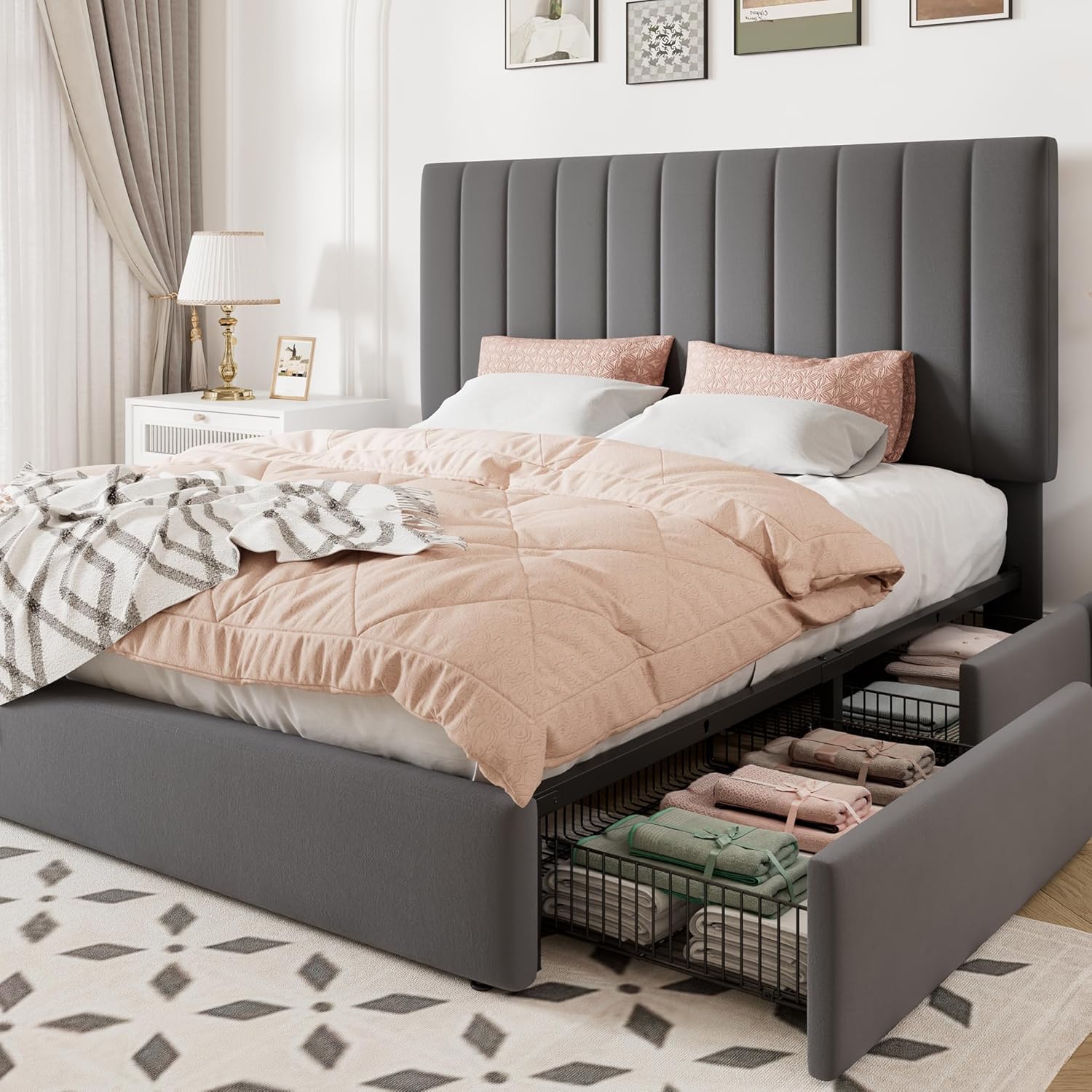 Allewie Full Size Storage Bed Frame, Vertical Channel Tufted Adjustable Headboard, Velvet Upholstered Platform Bed with 4 Oversized Underbed Drawers, Wooden Slats Support, No Box Spring Needed, Grey