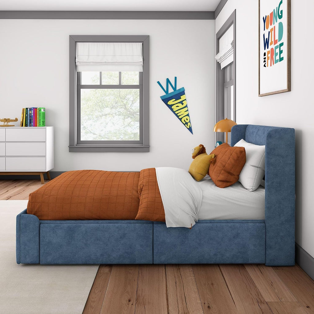 Max & Lily Upholstered Twin Bed Frame with Rectangular Headboard and Two Storage Drawers, Upholstered Platform Bed for Kids, No Box Spring Needed, Easy Assembly, Blue