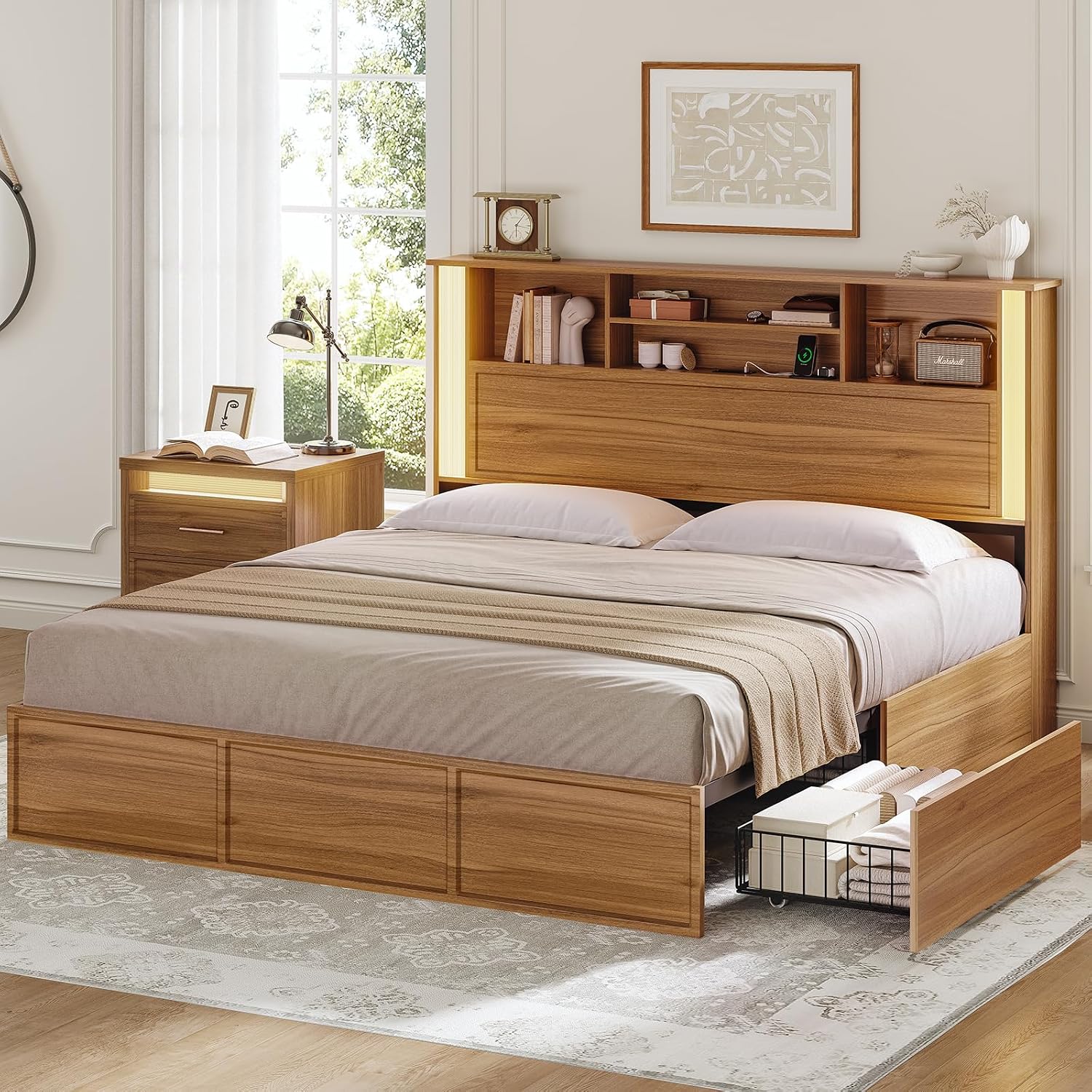 AOGLLATI Queen Bed Frame with 4 Storage Drawers and 3 Tier Storage Headboard, Wooden Bed Frame Queen Size with Charging Station and Led Lights, No Box Spring Needed,Wood