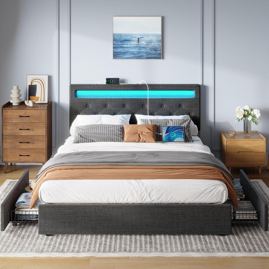 Rolanstar Twin Bed Frame with 4 Storage Drawers and Charging Station,Twin Bed with Led Lights, 2 USB & 1 Type C, Adjustable Headboard 38.9/40.8 Inches, No Box Spring Needed, Grey