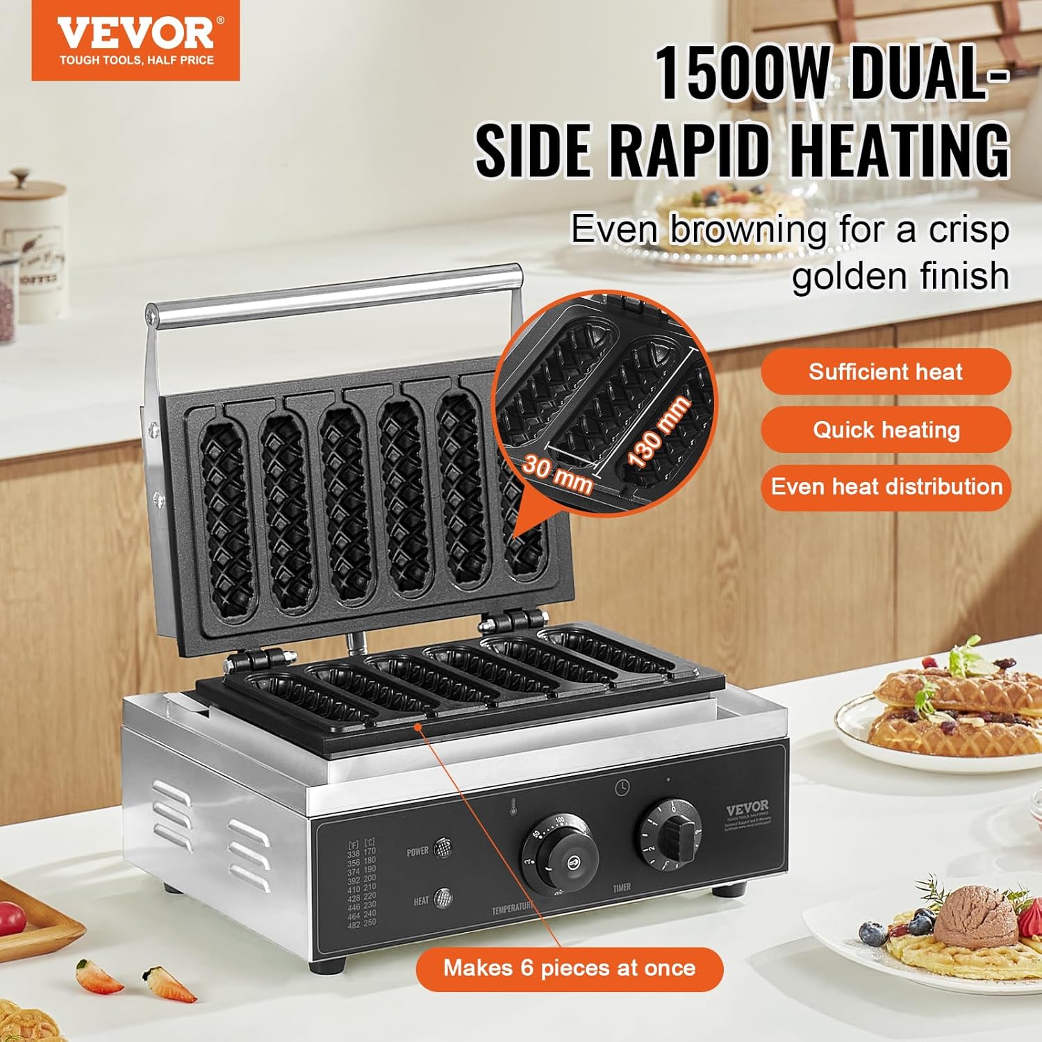 VEVOR Commercial Waffle Stick Maker, 6PCS 1500W Waffle Baker Machine, Non-Stick Stainless Steel Corn Hot Dog Waffle Iron with Temp and Time Control, Handle, for Restaurant Bakery Snack Bar Family